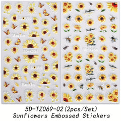 3D Sun Flower Nail Art Stickers Decals 2 Sheets Self Adhesive Nail Supplies