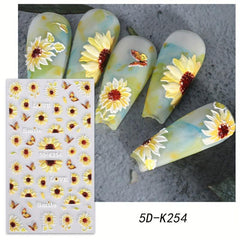 3D Sun Flower Nail Art Stickers Decals 2 Sheets Self Adhesive Nail Supplies