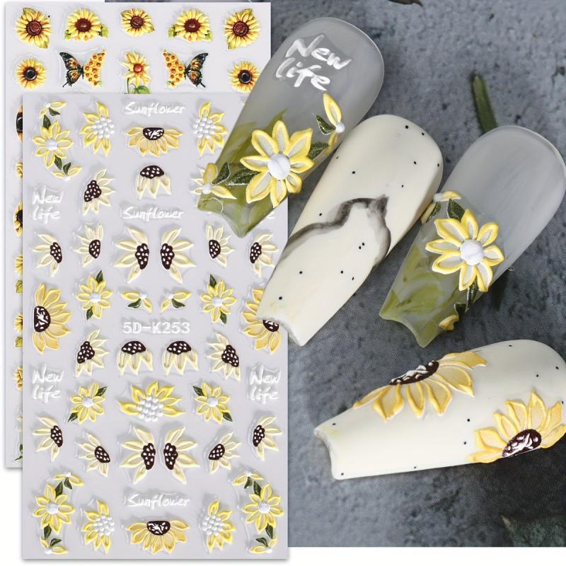 3D Sun Flower Nail Art Stickers Decals 2 Sheets Self Adhesive Nail Supplies