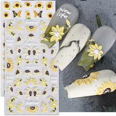 3D Sun Flower Nail Art Stickers Decals 2 Sheets Self Adhesive Nail Supplies