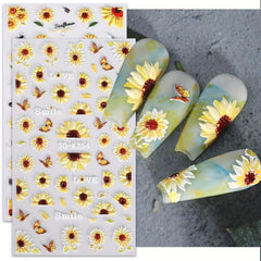 3D Sun Flower Nail Art Stickers Decals 2 Sheets Self Adhesive Nail Supplies