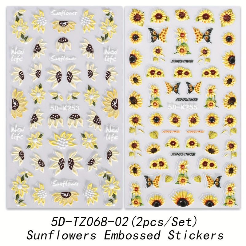3D Sun Flower Nail Art Stickers Decals 2 Sheets Self Adhesive Nail Supplies