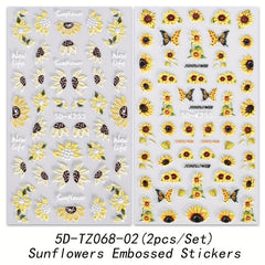 3D Sun Flower Nail Art Stickers Decals 2 Sheets Self Adhesive Nail Supplies