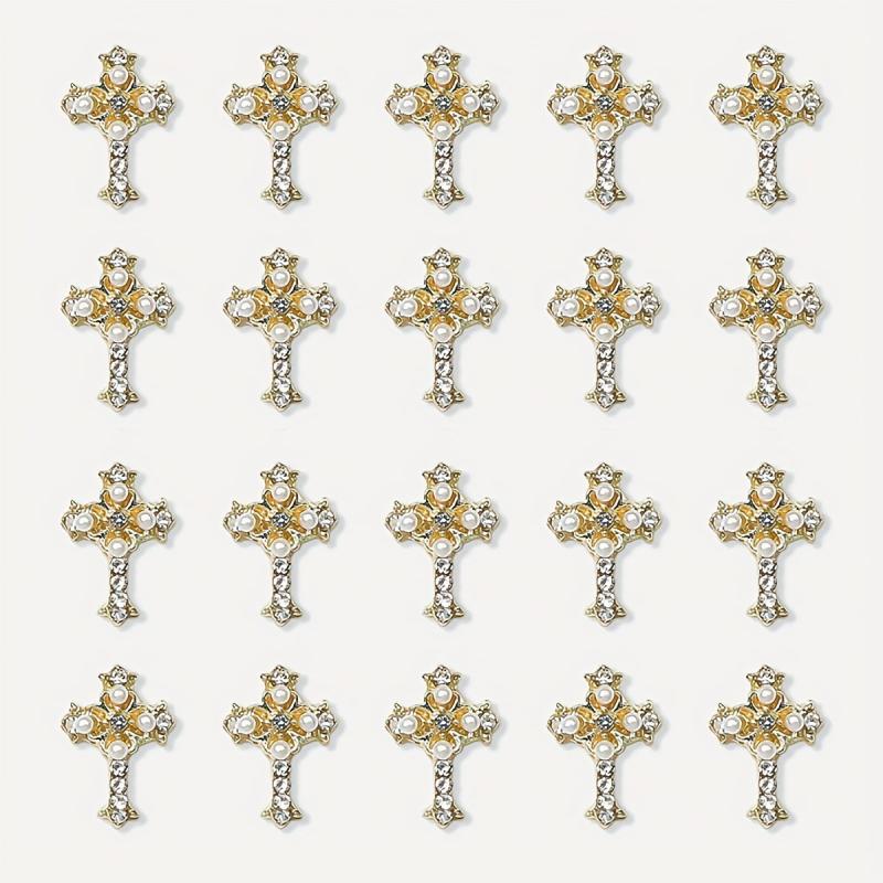 5pcs Cross Nail Art Charms With Rhinestones And Pearls