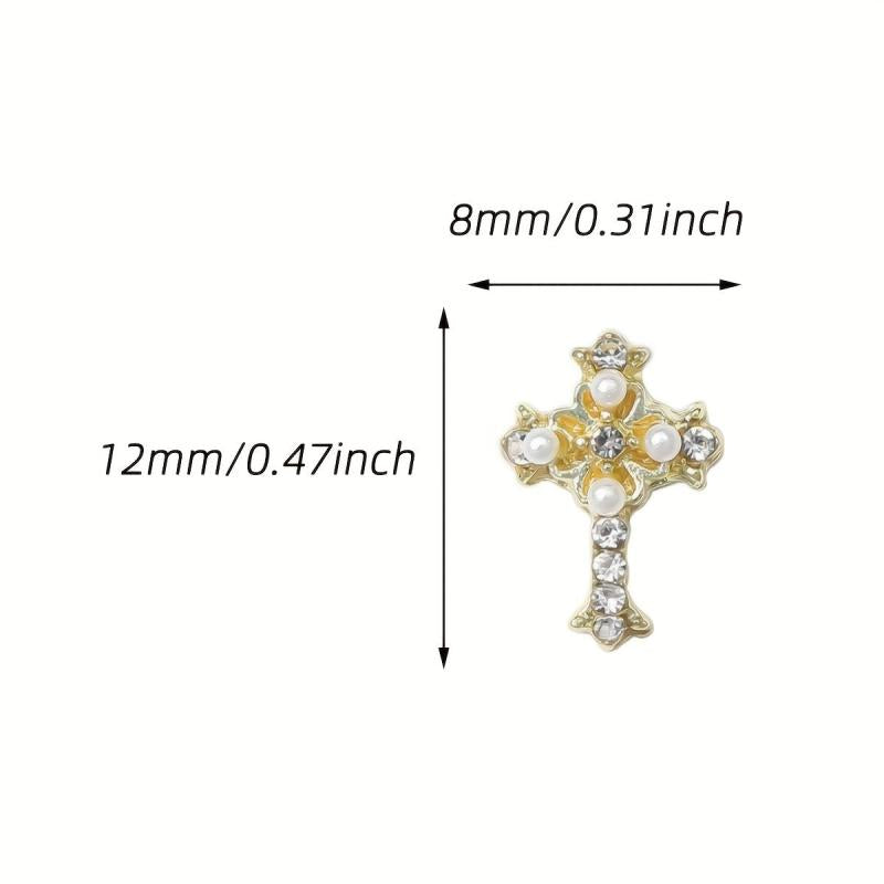 5pcs Cross Nail Art Charms With Rhinestones And Pearls