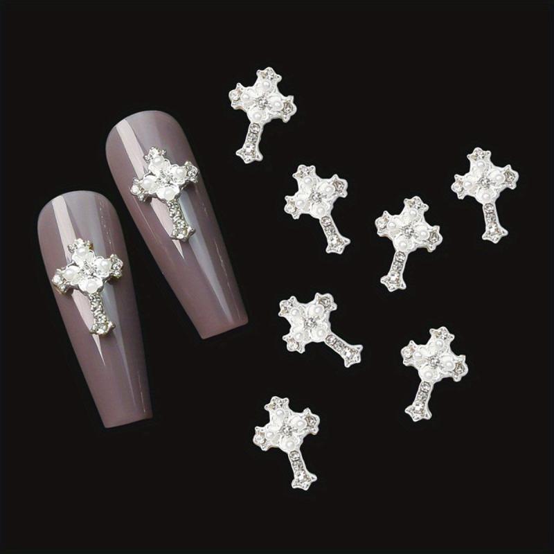 5pcs Cross Nail Art Charms With Rhinestones And Pearls