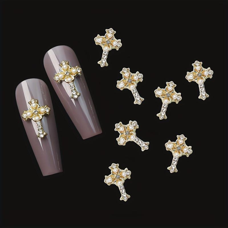 5pcs Cross Nail Art Charms With Rhinestones And Pearls