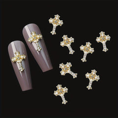 5pcs Cross Nail Art Charms With Rhinestones And Pearls