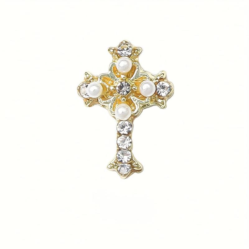 5pcs Cross Nail Art Charms With Rhinestones And Pearls