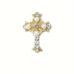5pcs Cross Nail Art Charms With Rhinestones And Pearls