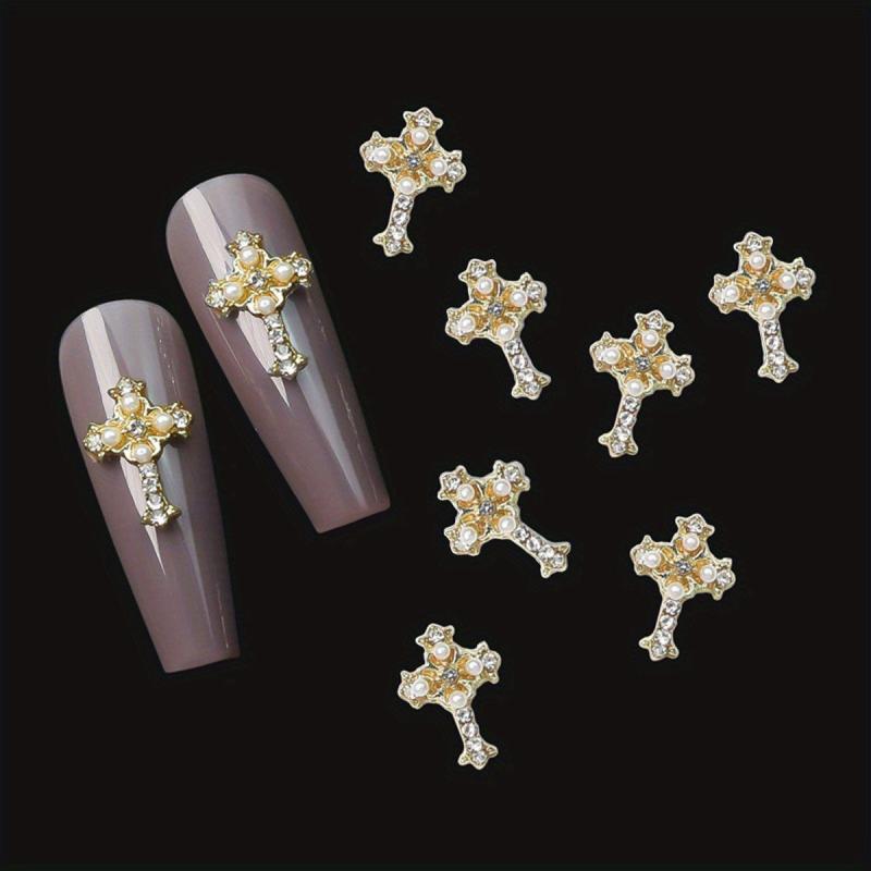 5pcs Cross Nail Art Charms With Rhinestones And Pearls