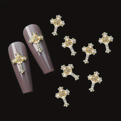 5pcs Cross Nail Art Charms With Rhinestones And Pearls
