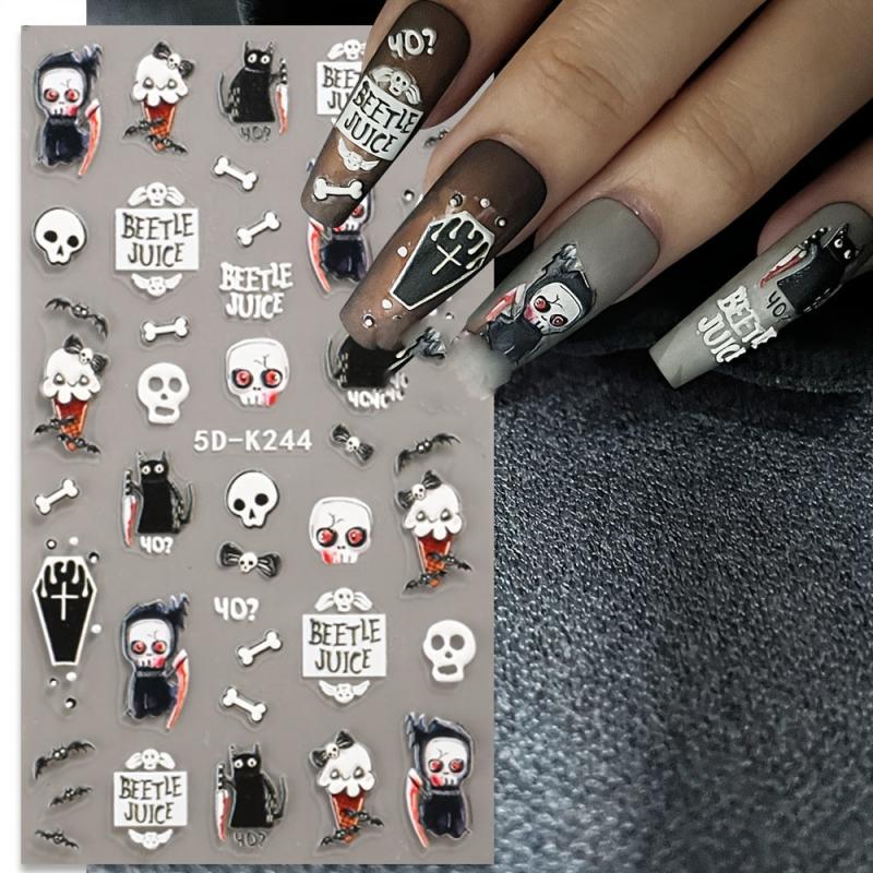 4pcs 5D Halloween Nail Art Stickers Skull Ghost Spider Bat Decals Self Adhesive