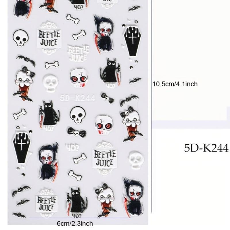 4pcs 5D Halloween Nail Art Stickers Skull Ghost Spider Bat Decals Self Adhesive