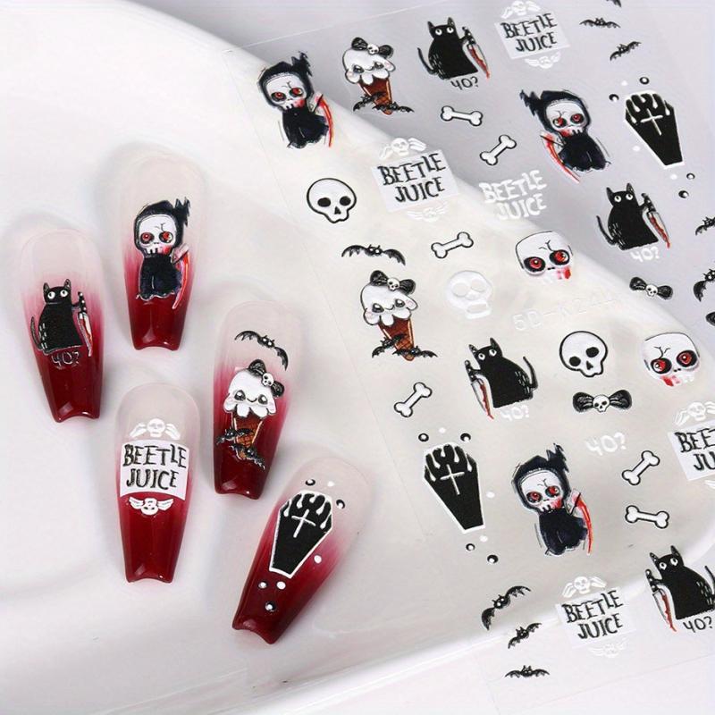 4pcs 5D Halloween Nail Art Stickers Skull Ghost Spider Bat Decals Self Adhesive