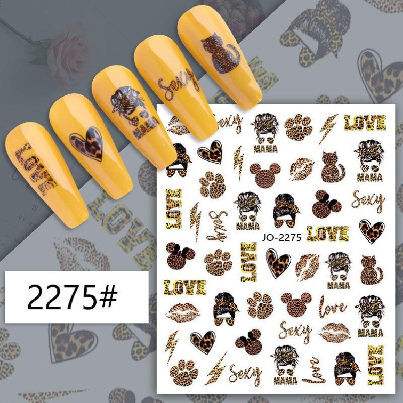 Leopard Print Nail Art Sticker Set - 15pcs with Tweezers, File & Pusher