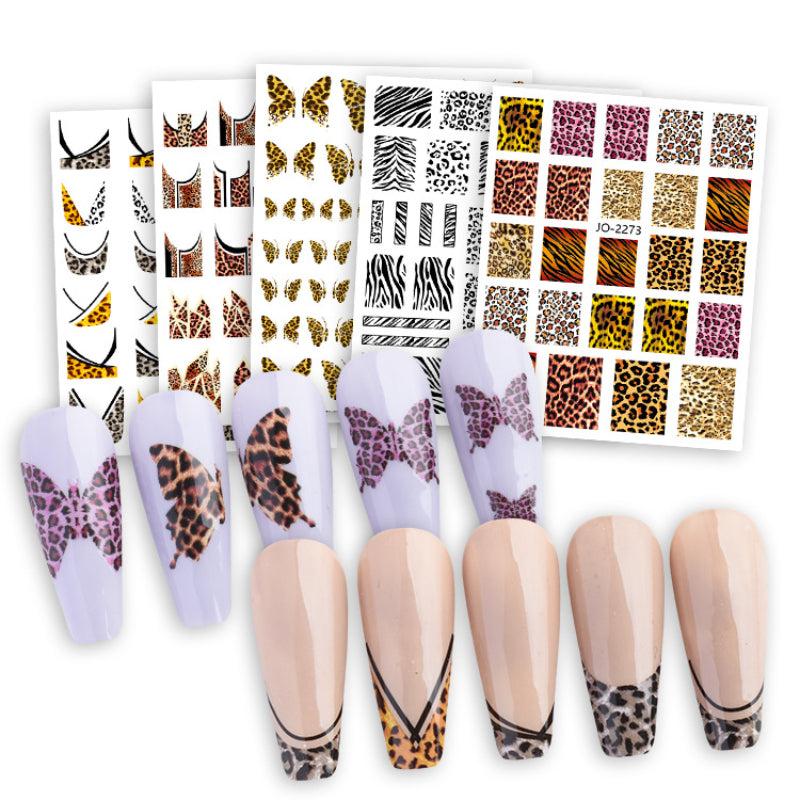 Leopard Print Nail Art Sticker Set - 15pcs with Tweezers, File & Pusher