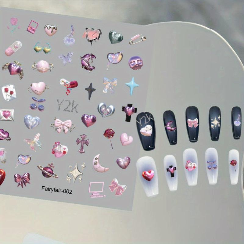 5D Embossed Y2K Nail Art Stickers Heart Bow Cross Nail Art Decals
