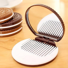 Cookie Shaped Mirror Comb Set Portable Round Chocolate Shape Cosmetic Mirror