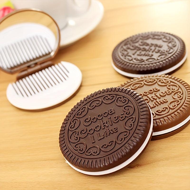 Cookie Shaped Mirror Comb Set Portable Round Chocolate Shape Cosmetic Mirror