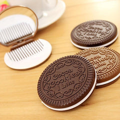 Cookie Shaped Mirror Comb Set Portable Round Chocolate Shape Cosmetic Mirror