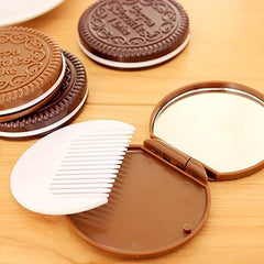 Cookie Shaped Mirror Comb Set Portable Round Chocolate Shape Cosmetic Mirror