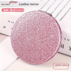 Glitter PU Leather Pocket Mirror 72mm Round Mirror For Purse