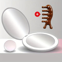 LED Compact Mirror & Wood Comb Set, 2X Magnification, Wooden Massage Comb Kit