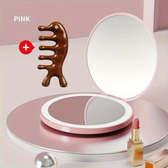 LED Compact Mirror & Wood Comb Set, 2X Magnification, Wooden Massage Comb Kit