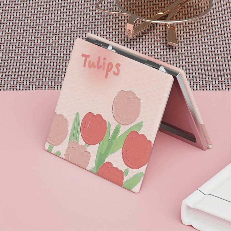 Tulips Print Square Folding Mirror Cartoon Double Side Makeup Mirror