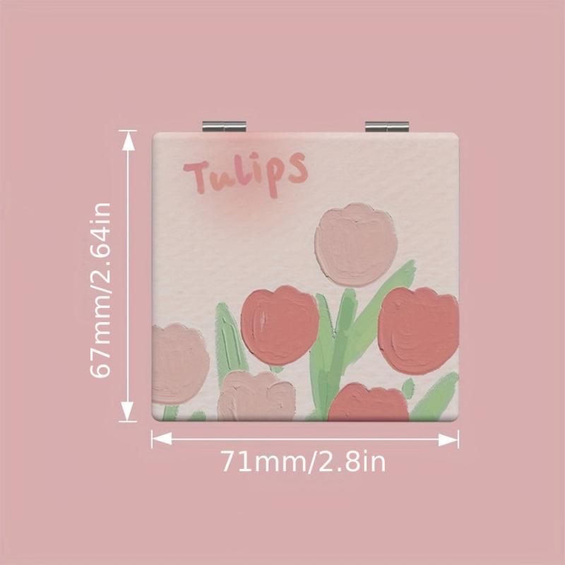 Tulips Print Square Folding Mirror Cartoon Double Side Makeup Mirror