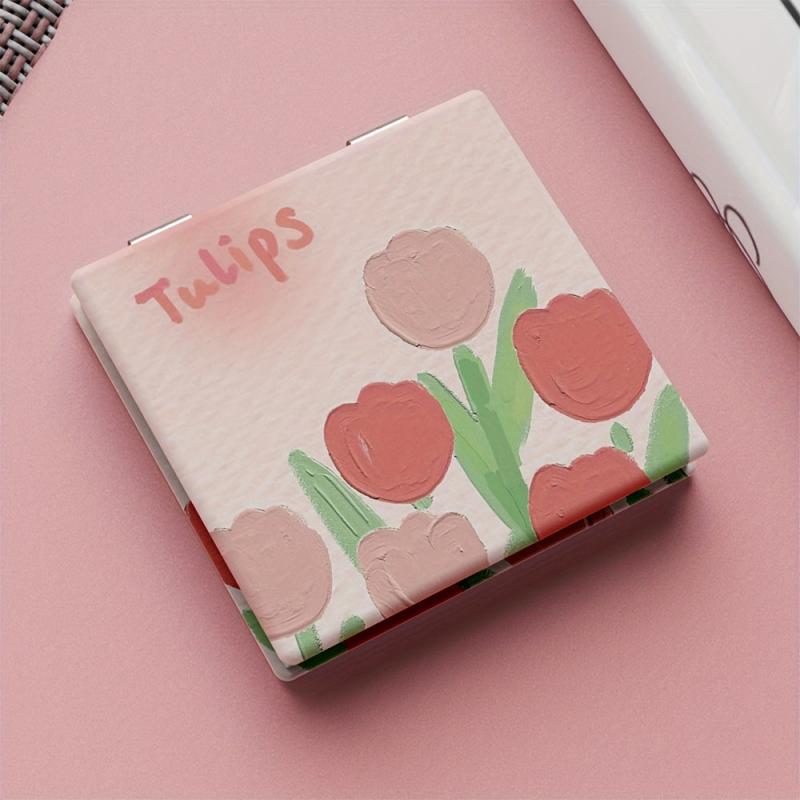 Tulips Print Square Folding Mirror Cartoon Double Side Makeup Mirror