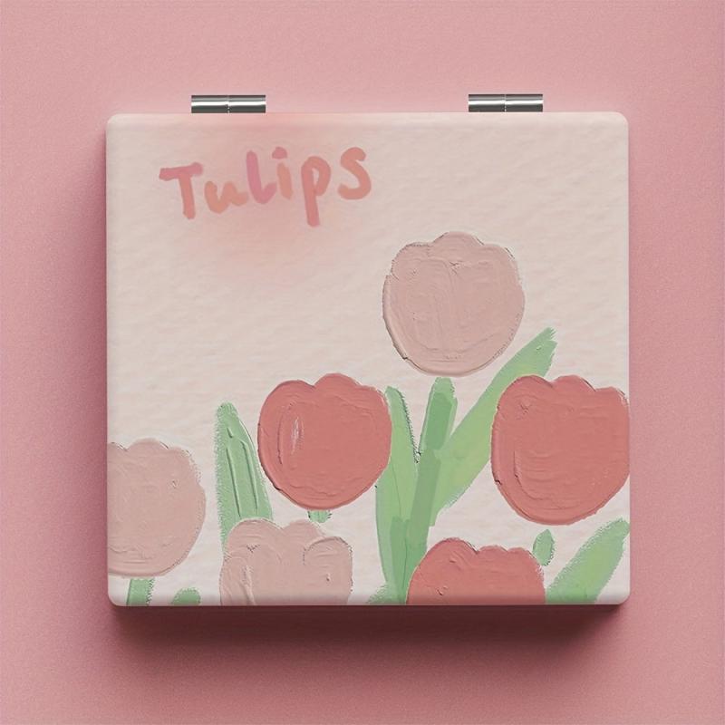 Tulips Print Square Folding Mirror Cartoon Double Side Makeup Mirror