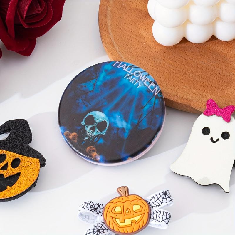 Skull & Pumpkin Pattern Compact Mirror Double Side Round Pocket Mirror