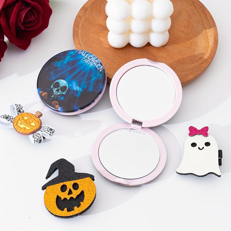Skull & Pumpkin Pattern Compact Mirror Double Side Round Pocket Mirror