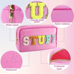 Preppy Chenille Letter Patch Makeup Bag Nylon Varsity Cosmetic Toiletry Bag