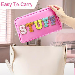 Preppy Chenille Letter Patch Makeup Bag Nylon Varsity Cosmetic Toiletry Bag