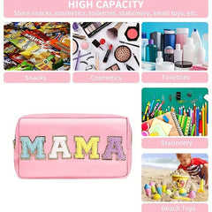 Preppy Chenille Letter Patch Makeup Bag Nylon Varsity Cosmetic Toiletry Bag