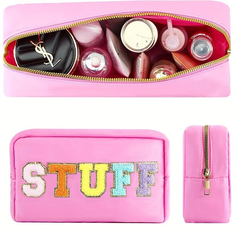 Preppy Chenille Letter Patch Makeup Bag Nylon Varsity Cosmetic Toiletry Bag