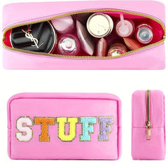 Preppy Chenille Letter Patch Makeup Bag Nylon Varsity Cosmetic Toiletry Bag