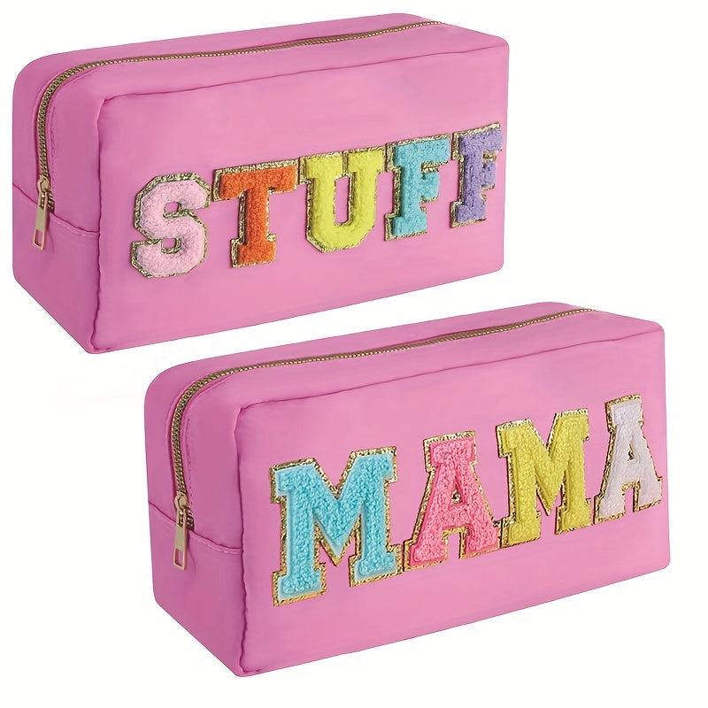 Preppy Chenille Letter Patch Makeup Bag Nylon Varsity Cosmetic Toiletry Bag