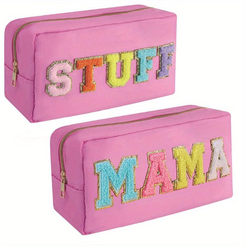 Preppy Chenille Letter Patch Makeup Bag Nylon Varsity Cosmetic Toiletry Bag