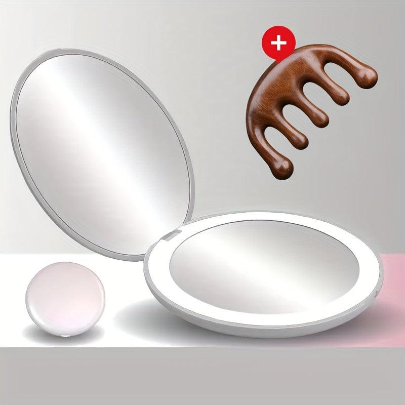 LED Compact Mirror Set with Wood Comb - Lighted Double Side Pocket Mirror