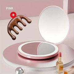 LED Compact Mirror Set with Wood Comb - Lighted Double Side Pocket Mirror