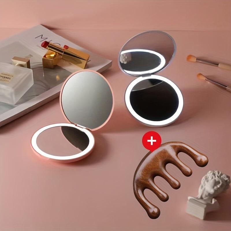 LED Compact Mirror Set with Wood Comb - Lighted Double Side Pocket Mirror