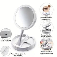 Foldable Makeup Mirror With Led Light Double Sided 1X & 10X Magnifying Mirror