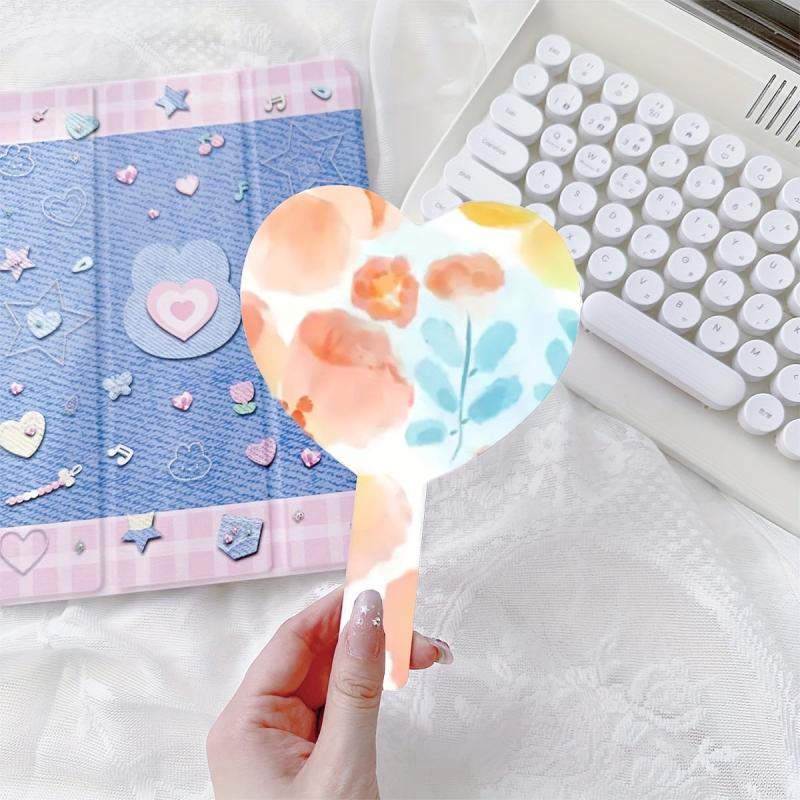 Orange Floral Pattern Hand Mirror Cosmetic Touch up Mirror With Handle