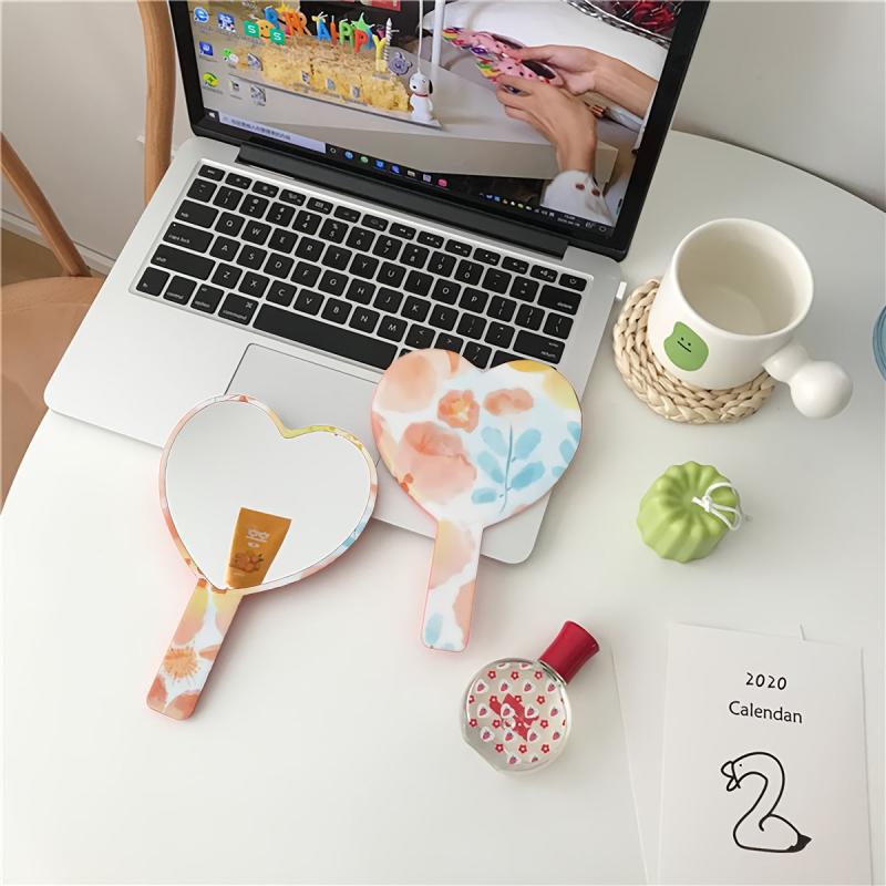 Orange Floral Pattern Hand Mirror Cosmetic Touch up Mirror With Handle