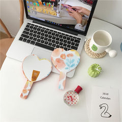 Orange Floral Pattern Hand Mirror Cosmetic Touch up Mirror With Handle
