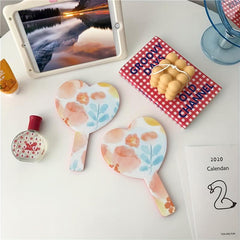 Orange Floral Pattern Hand Mirror Cosmetic Touch up Mirror With Handle